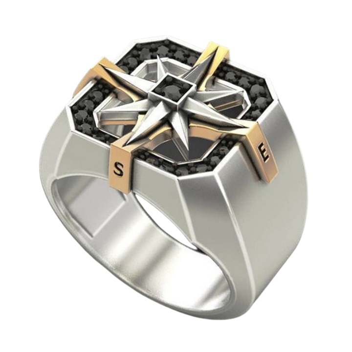 Inel busola pentru barbati vintage, placat in aur alb 18K, argint