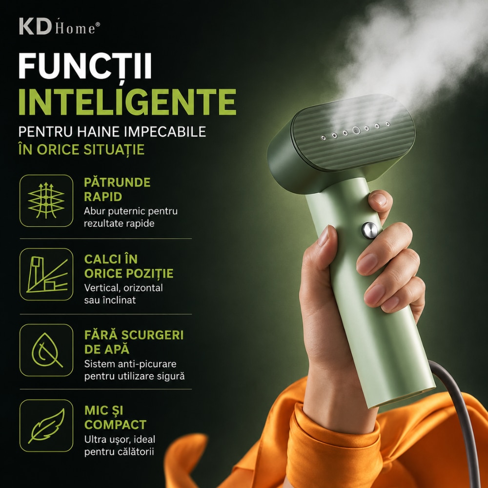 Fier De Calcat Vertical KD Home® SteamMax, Putere Aparat 1600W, Cu Abur, Talpa Ceramica, Ultra Portabil, Rezervor Apa 80 ml, Incalzire Rapida 15s, Maner Ergonomic, Igienizare Haine, Saculet Depozitare Inclus, Verde