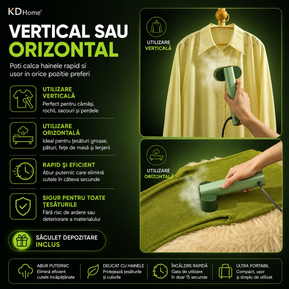 Fier De Calcat Vertical KD Home® SteamMax, Putere Aparat 1600W, Cu Abur, Talpa Ceramica, Ultra Portabil, Rezervor Apa 80 ml, Incalzire Rapida 15s, Maner Ergonomic, Igienizare Haine, Saculet Depozitare Inclus, Verde