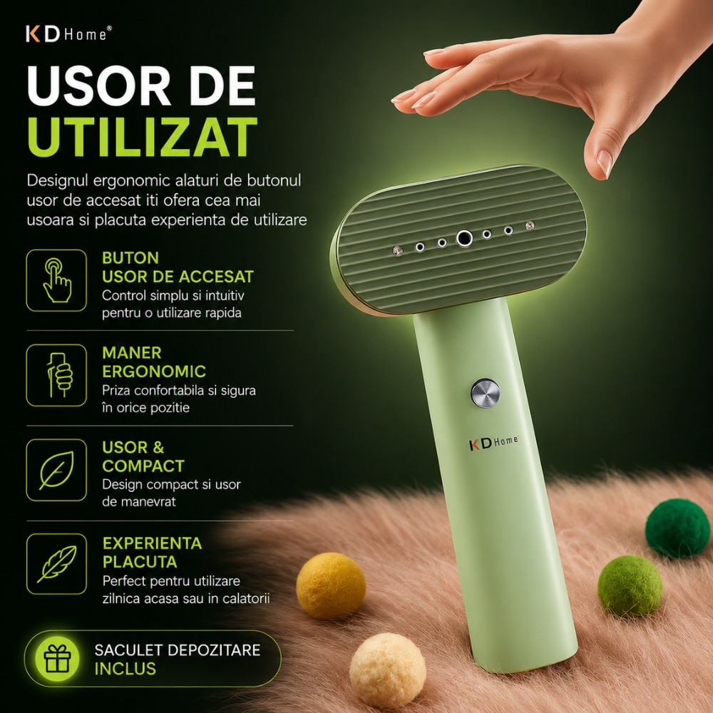 Fier De Calcat Vertical KD Home® SteamMax, Putere Aparat 1600W, Cu Abur, Talpa Ceramica, Ultra Portabil, Rezervor Apa 80 ml, Incalzire Rapida 15s, Maner Ergonomic, Igienizare Haine, Saculet Depozitare Inclus, Verde