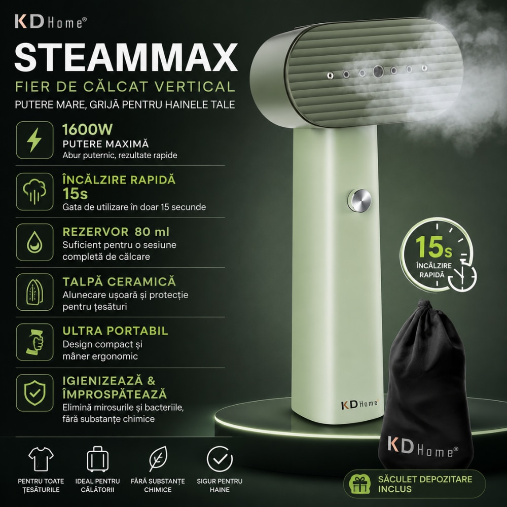 Fier De Calcat Vertical KD Home® SteamMax, Putere Aparat 1600W, Cu Abur, Talpa Ceramica, Ultra Portabil, Rezervor Apa 80 ml, Incalzire Rapida 15s, Maner Ergonomic, Igienizare Haine, Saculet Depozitare Inclus, Verde