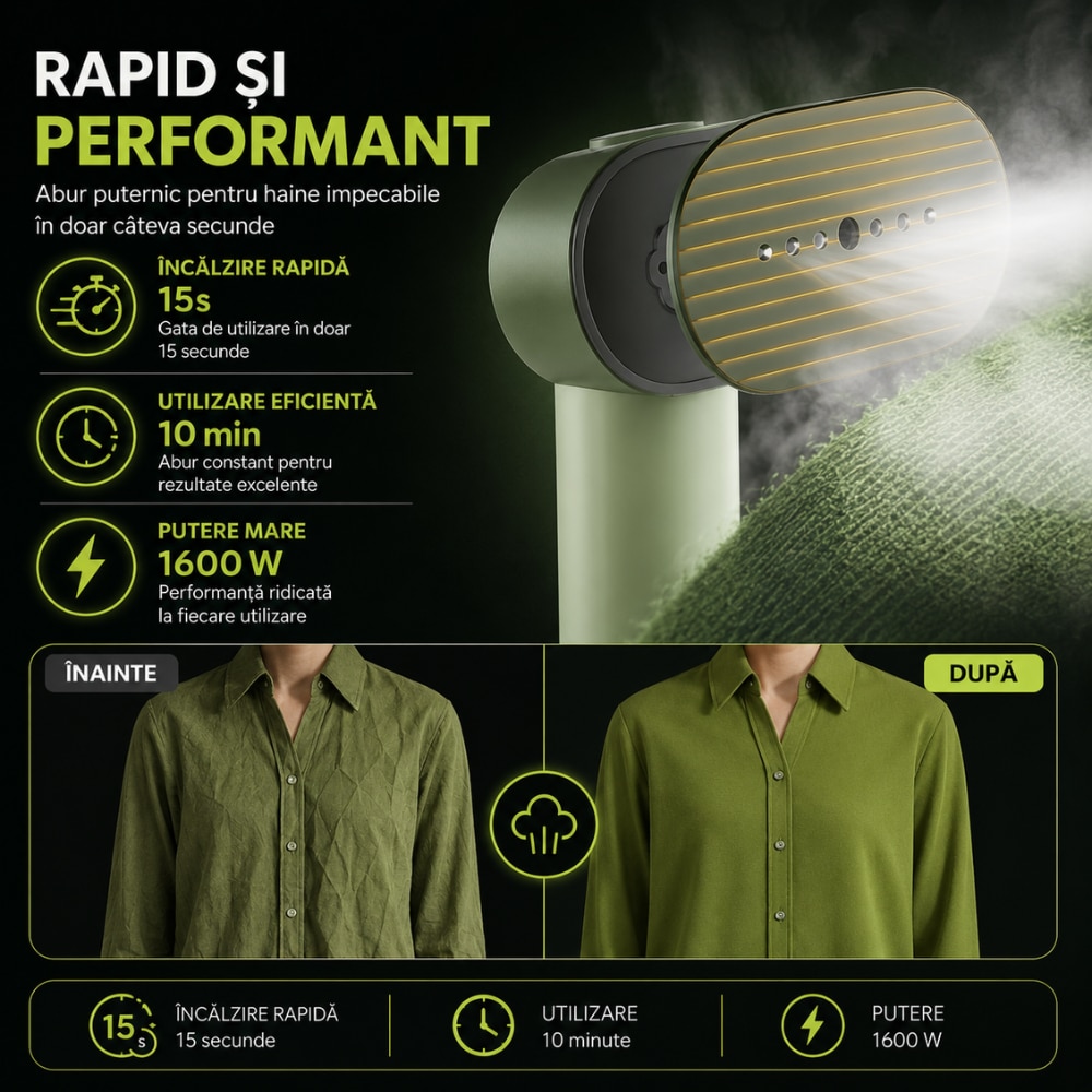 Fier De Calcat Vertical KD Home® SteamMax, Putere Aparat 1600W, Cu Abur, Talpa Ceramica, Ultra Portabil, Rezervor Apa 80 ml, Incalzire Rapida 15s, Maner Ergonomic, Igienizare Haine, Saculet Depozitare Inclus, Verde