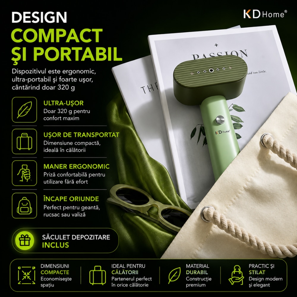 Fier De Calcat Vertical KD Home® SteamMax, Putere Aparat 1600W, Cu Abur, Talpa Ceramica, Ultra Portabil, Rezervor Apa 80 ml, Incalzire Rapida 15s, Maner Ergonomic, Igienizare Haine, Saculet Depozitare Inclus, Verde
