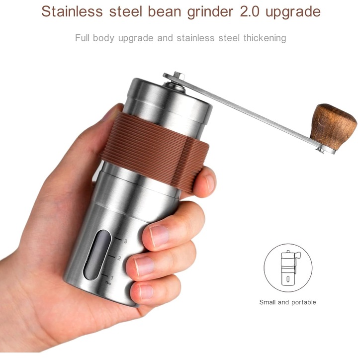 Kézi kávédaráló, egyadagos, 304-es rozsdamentes acél, állítható beállításokkal, otthoni, irodai és utazási használatra alkalmas