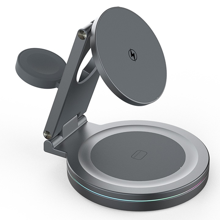 CLOOPER™ Premium Aluminium Wireless Charger, 3 в 1 зарядна станция, Fast Charger 15W, за телефон, слушалки и смарт часовник, съвместим с Airpods, Apple Watch и Iphone, Wireless Fast Charge, Silver Titanium