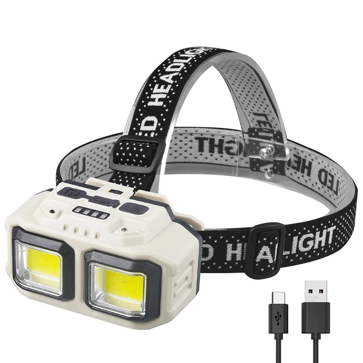 LED челник, HX816S, професионален, акумулаторна батерия, сензор за движение, 4 светлинни режима, 2 нива на интензитет, за риболов, лов, работа, индикатор за батерията, бежов