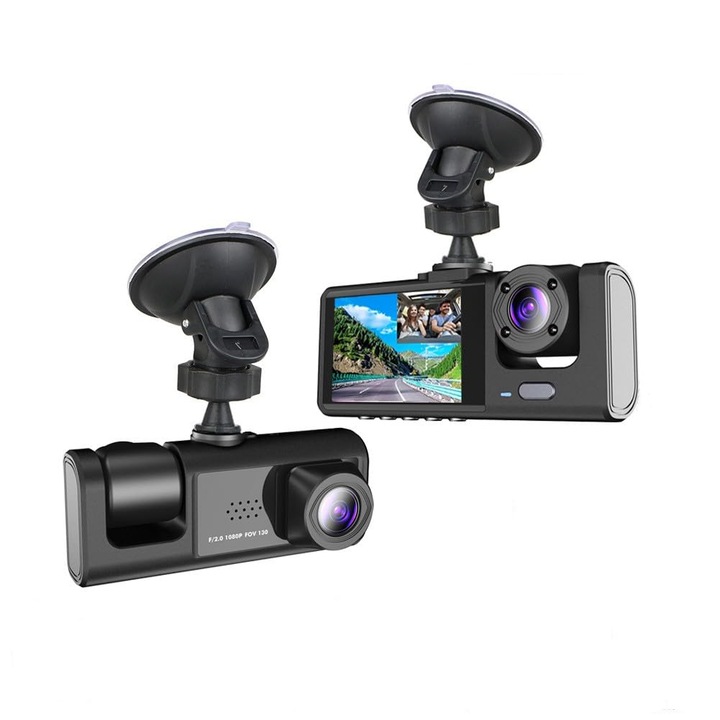 Видеорегистратор, Dash Cam 1080P, двойна предна и вътрешна автомобилни камери, нощно виждане, WiFi, G-сензор, 2-инчов екран, Full HD, с WDR, цикличен запис, с 32GB TF карта с памет（3 обектива: преден + вътрешен + заден）