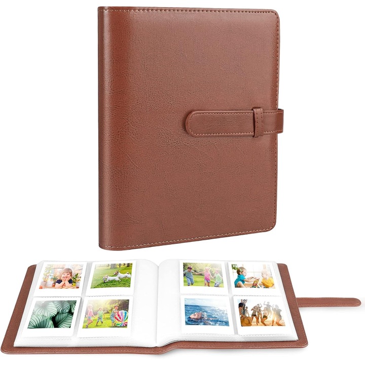 Album foto instant fotografii Fujifilm Instax Mini 12, 128 de filme, 4 fotografii pe pagina, din piele PU, este cadoul perfect pentru toate sarbatorile, Maro