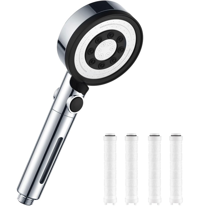 Cap de dus cu 5 setari, RASK, presiune mare, reglabil, economizor apa, buton On/Off, 4 filtru de bumbac, Argintiu