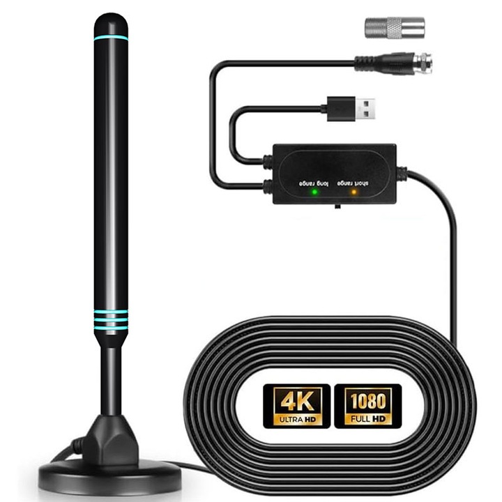 Antena TV, RASK, cu suport 1080P/4K, Receptie 360°, Cablu 5 m, Baza magnetica, Negru