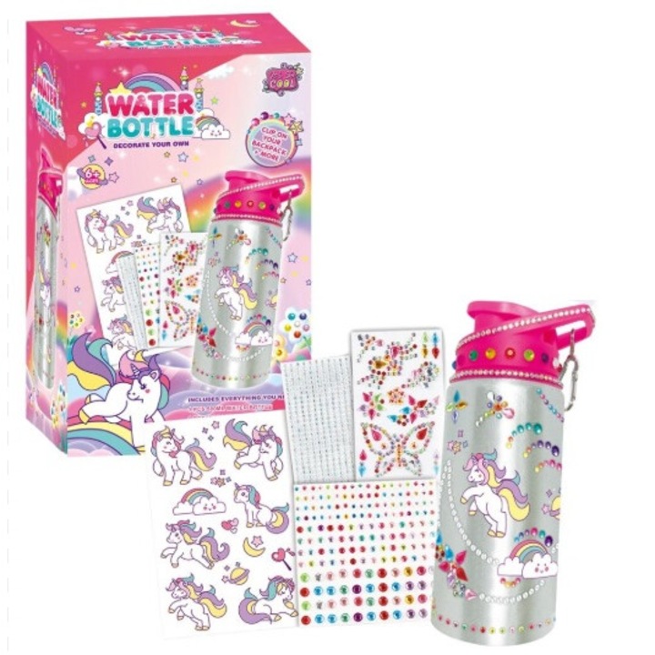 Set creativ pentru decorare recipient apa, model unicorn, 12x8x19,5cm, MAKSIK, autocolante si diamante