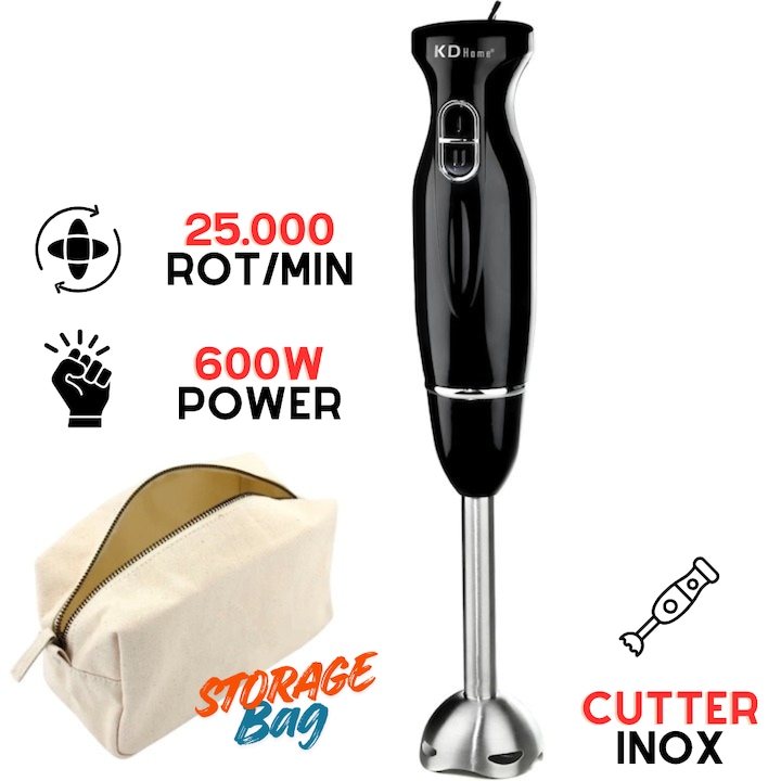 Mixer Vertical tip Blender KD Home® VertiBlend, Putere 600W, 25.000 rot/min, 2 Viteze, Inox, Butoane Puls, Lame 3D Din Inox, Maner Ergonomic, Borseta Depozitare Inclusa, Negru