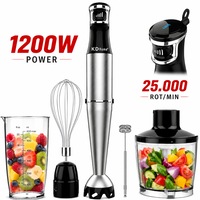 Set Mixer Vertical tip Blender 5 in 1 KD Home® Immersion Blend, Putere 1200W, 25.000 rot/min, Viteza Variabila Puls, Silentios, Full Inox, Lame 3D Din Inox, Maner Ergonomic, Chopper, Spumant Lapte si Supa, Sistem Easy Click, Protectie Zgarieturi