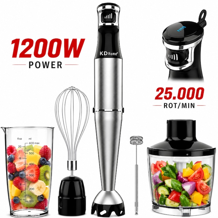 Mixer vertical Heinner Charm HB-600GR, 600 W, 5 viteze, Functie turbo, Tel, Tocator, Alb/Verde