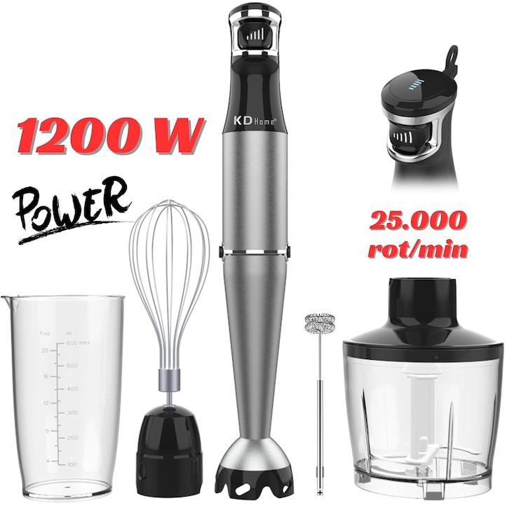Set Mixer Vertical tip Blender 5 in 1 KD Home® Immersion Blend, Putere 1200W, 25.000 rot/min, Viteza Variabila Puls, Silentios, Full Inox, Lame 3D Din Inox, Maner Ergonomic, Chopper, Spumant Lapte si Supa, Sistem Easy Click, Protectie Zgarieturi