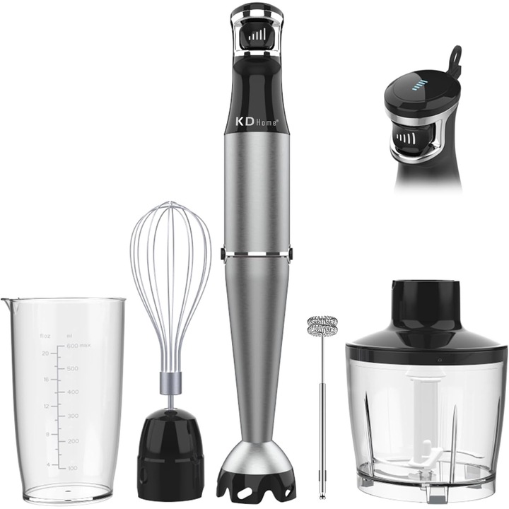 Set Mixer Vertical tip Blender 5 in 1 KD Home® Immersion Blend, Putere 1200W, 25.000 rot/min, Viteza Variabila Puls, Silentios, Full Inox, Lame 3D Din Inox, Maner Ergonomic, Chopper, Spumant Lapte si Supa, Sistem Easy Click, Protectie Zgarieturi