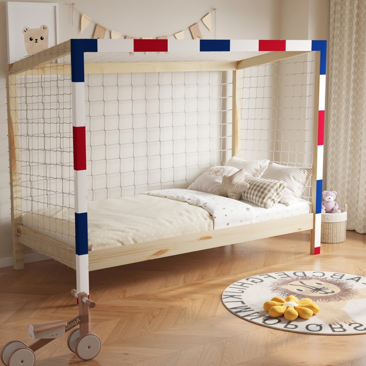 Pat tip poarta de fotbal, ideal pentru copii, alb, albastru, rosu, natural, din pin masiv, livrat cu suport pentru saltea, fara saltea inclusa, 90x200 cm