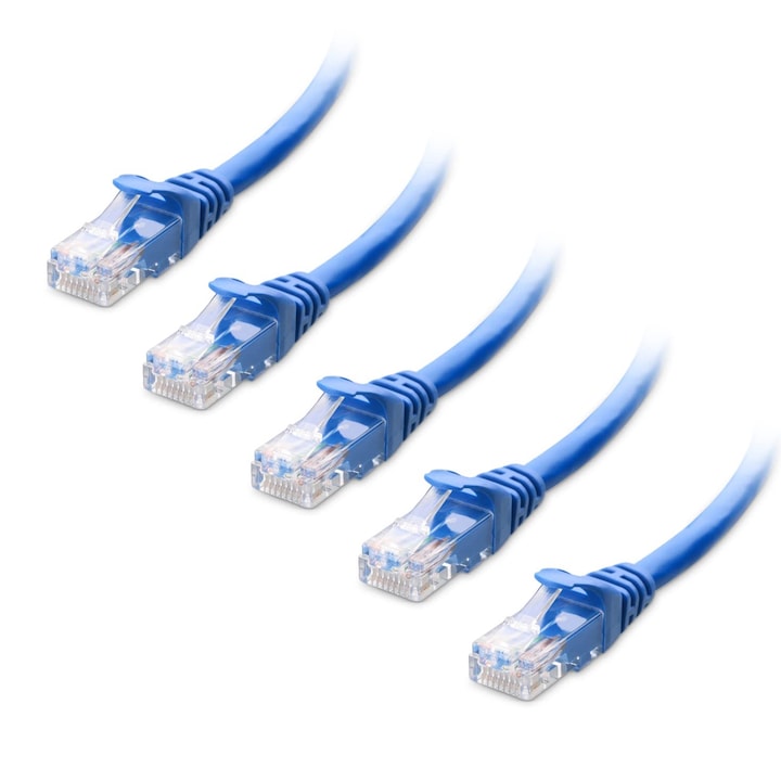 Мрежов кабел, SINBINTA, Комплект от 5 UTP мрежови кабела, CAT 6 интернет кабел, интернет Ethernet кабел с щепсел, RJ45 конектор, за рутер, модем, комутатори, хъб, лаптоп, дължина 5 м, син