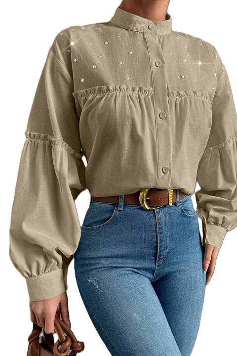 Camasa Dama, Fara Rever, Cu Maneci Lanterna, Ornamente Cu Perle, Bej