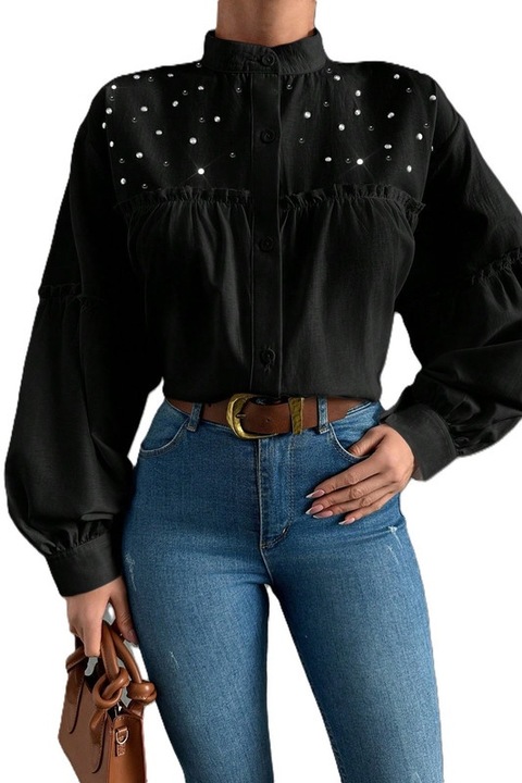 Camasa Dama, Fara Rever, Cu Maneci Lanterna, Ornamente Cu Perle, Negru