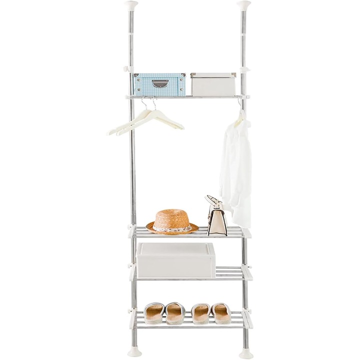 Raft pentru depozitare, 4 rafturi, 218-295 x 55-97 cm, pentru baie, living, argintiu