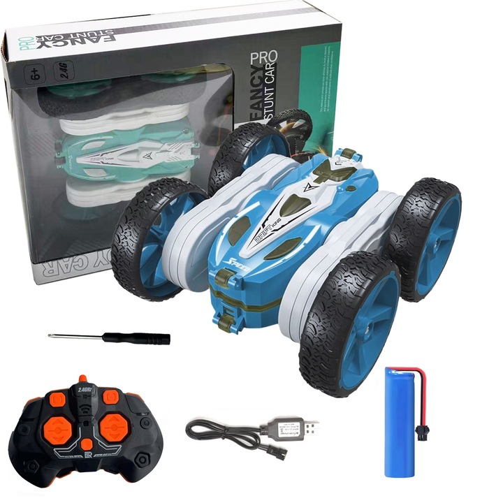 Masina cu telecomanda RC pentru copii, weirsuky®, cascadorie, de drift cu rotire la 360 grade si rasturnari de 180 grade, rapida, 4WD, Rock Crawler, off-road, controlate prin radio, Albastru