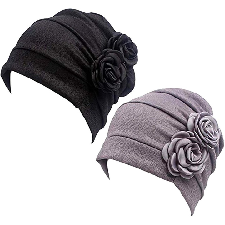 Jormftte női turbán sapka, virágmintás, 100% poliészter, fekete+szürke, univerzális méret