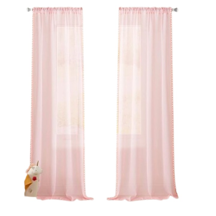 Perdele transparente MIULEE cu pompoane, set de 2, roz coral, 140 x 225 cm fiecare, pentru dormitor sau living