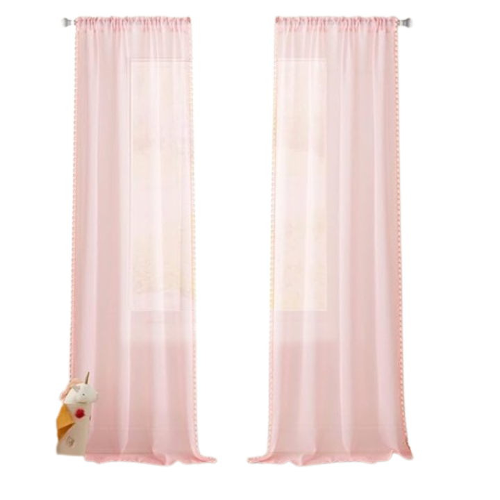 MIULEE áttetsző függöny pomponokkal, 2db szett, korall rózsaszín, egyenként 140 x 225 cm, hálószobába vagy nappaliba