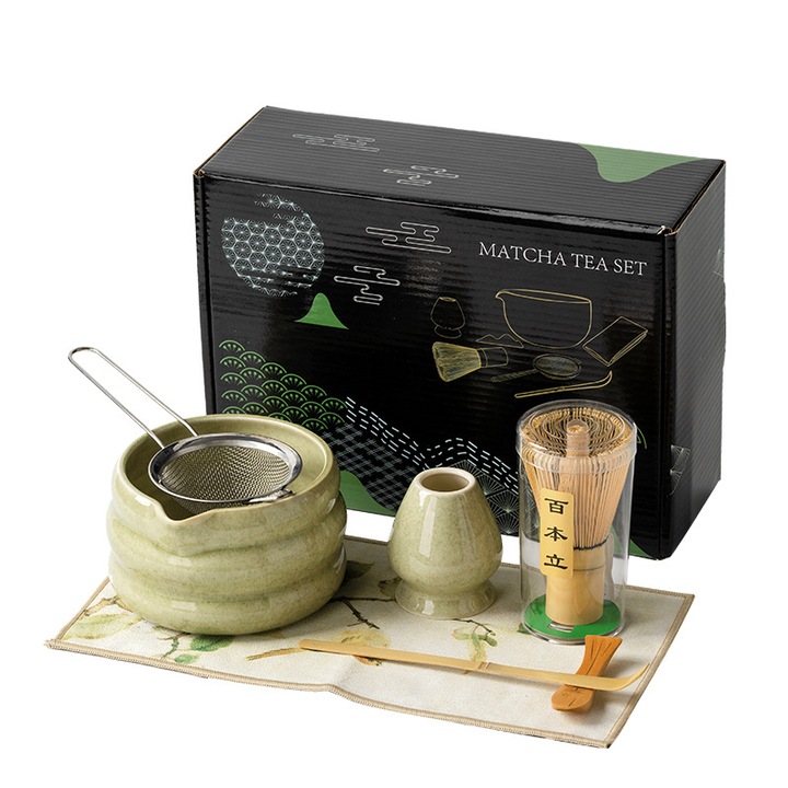 Set de ceai Matcha, Bambus/Ceramica, bol ceramic, tel din bambus, suport pentru tel cerami, scoop, lingura, 7 bucati, Verde