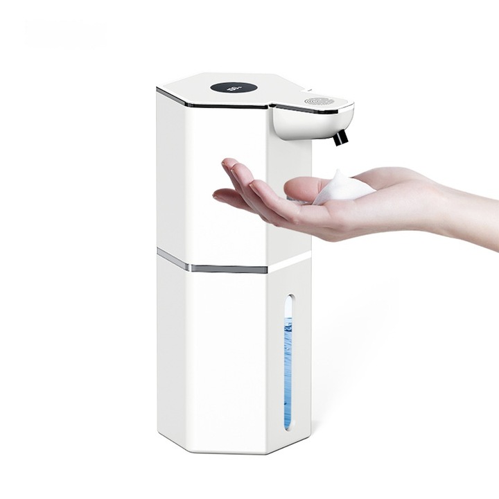Автоматичен дозатор за течен сапун, безконтактен смарт сензор, изработен от висококачествена ABS пластмаса, предназначен за баня/кухня, елегантен, водоустойчив, бял, капацитет 360 ml