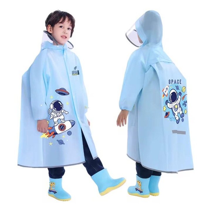 Pelerina de ploaie pentru copii, impermeabila, cu gluga si vizor transparent, benzi reflectorizante, aerisire spate, design astronaut, marime 115-125, albastru