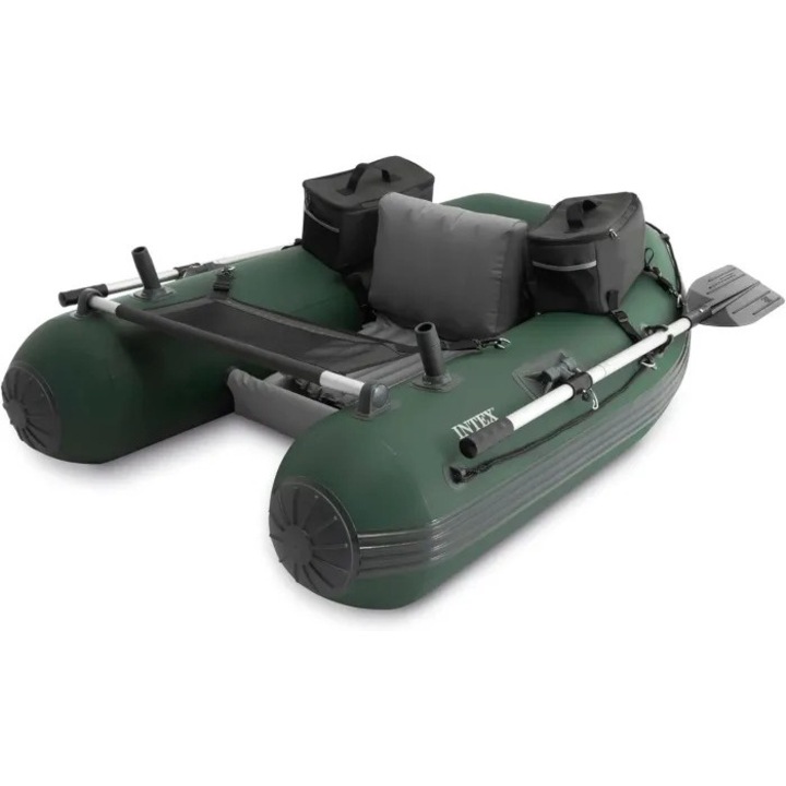 Лодка за риболов, Intex, Big Catch Prо, 165 х 120 х 38 см, 2бр държачи, 2бр чанти, гребла, мрежеста масичка, Зелен