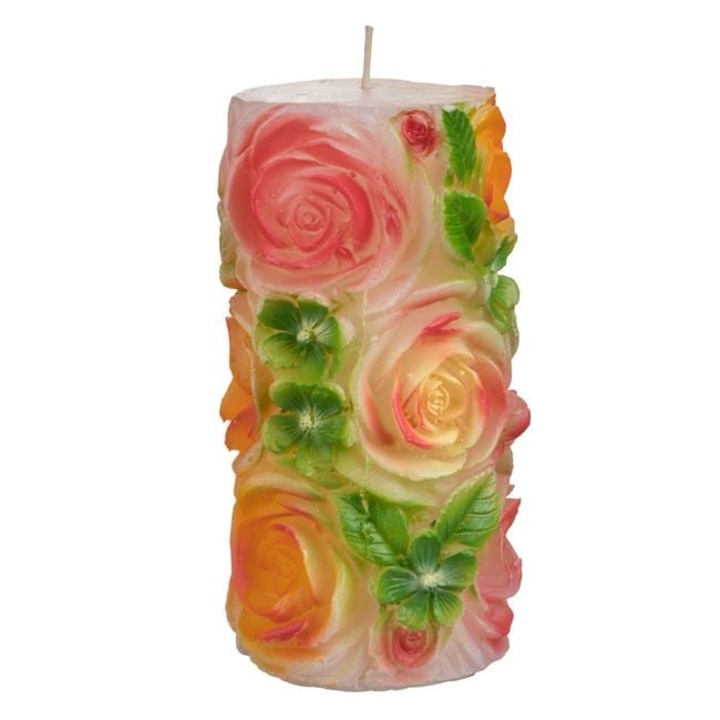 Оранжево-розова свещ с релефен мотив на роза Ø7x14.5см