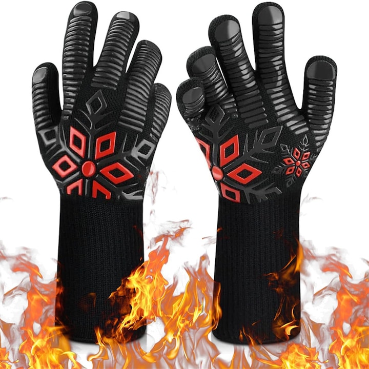 Manusi barbecue BOMSTOM, 2 piese, rezistente la caldura, antiderapante, 932℉ (500℃), Usor de Spalat, Pentru Gratar, Cuptor sau Semineu, negru/rosu, 35x18cm