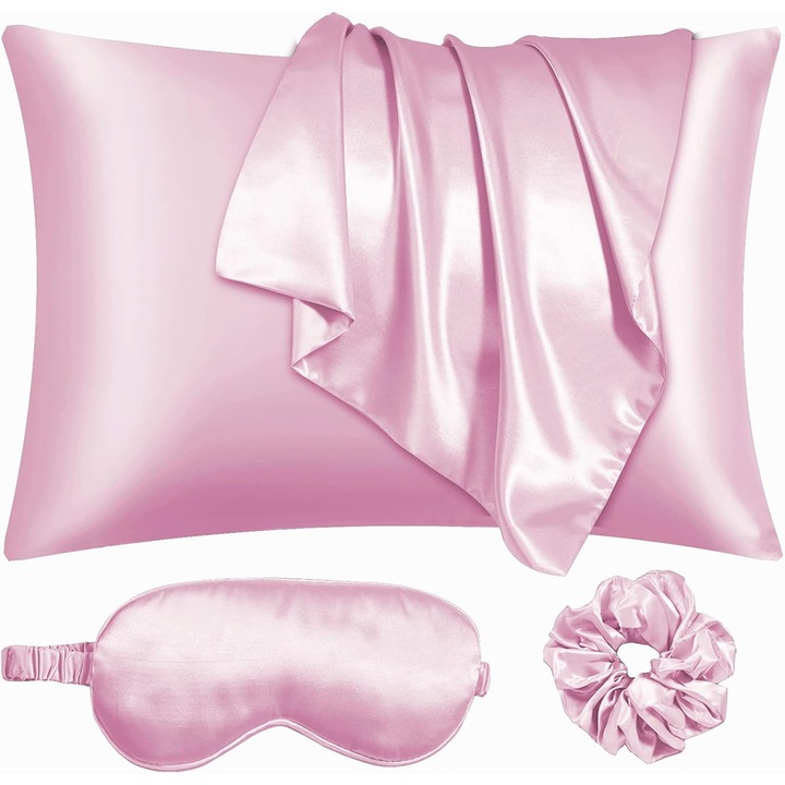 Комплект 2 Сатенени Калъфки за Възглавници със Защита за Коса и Кожа, Маска за Очи и Ластик, Не наелектризира косата, Приятна на допир, 50x75 см - Розов