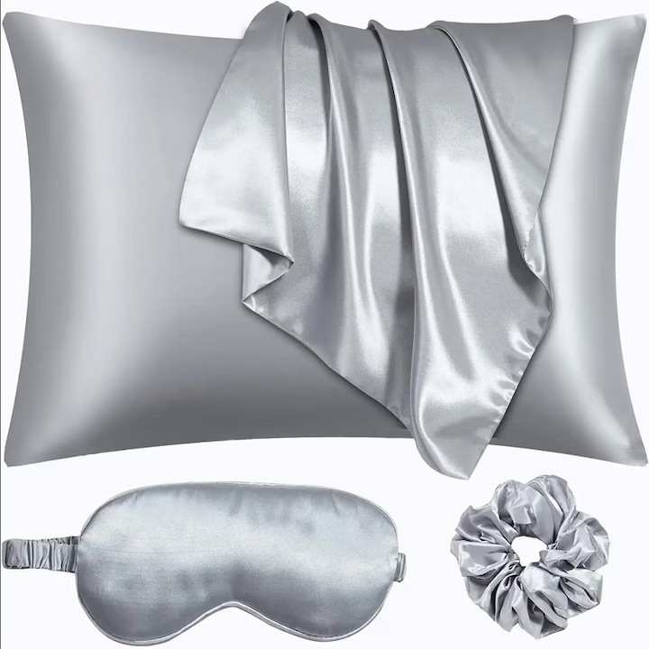 Комплект от 2 калъфки за възглавница Premium 6A Mulberry Silk 50x75 см, маска за очи и ластик, 22 мм естествена коприна и двете сиви