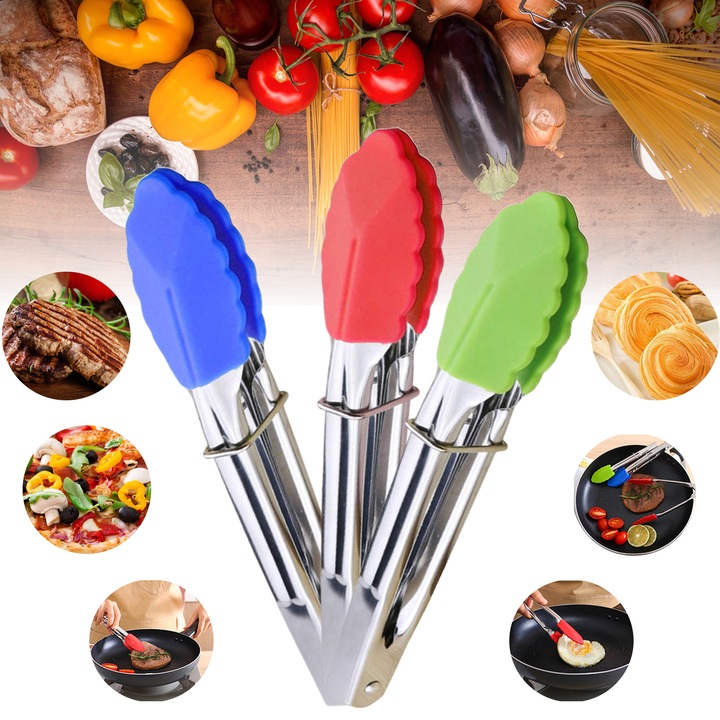 Set 3 Cleste bucatarie si grill, Puepoul, cu inel de blocare, 17.8 cm, Silicon, din otel inoxidabil, Rosu/Verde/Albastru