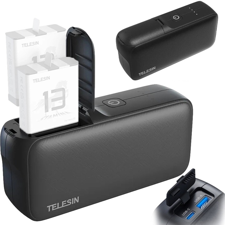 Incarcator Cu Powerbank, Telesin, S0-Pb-01-Tgp, Negru, 10000 Mah, Usb-A, Usb-C, Compatibil Cu Gopro Hero 13, Incarcare Rapida 20 W, Indicatori Led, Protectie Impotriva Supraincalzirii