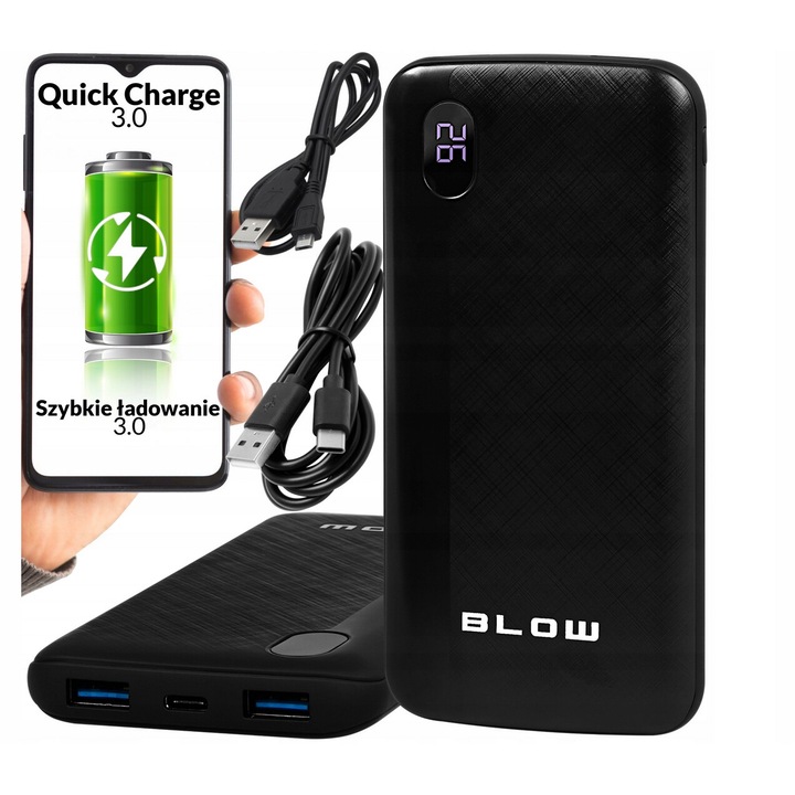 BLOW külső akkumulátor 20000mAh, 3 töltőport, gyorstöltés, fekete, 145x70x16,5mm