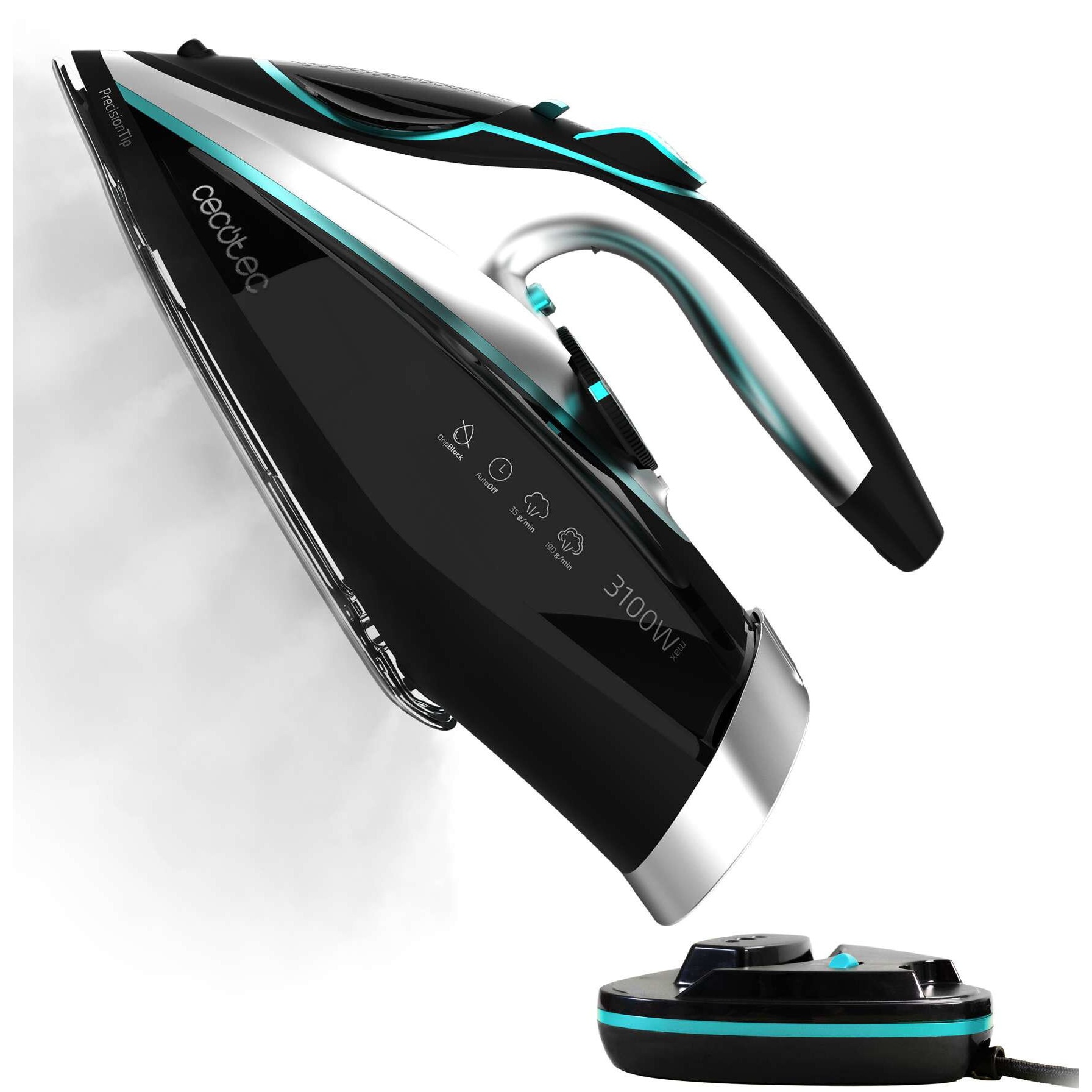 Fier de calcat fara fir CECOTEC, IronHero 3100, 3100W, abur continuu 35g/min, abur suplimentar 190g/min, negru-albastru-argintiu