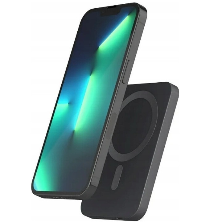 Baterie externa ECOBOX MagSafe 5000 mAh, design compact, compatibil cu iPhone 11/12/13/14