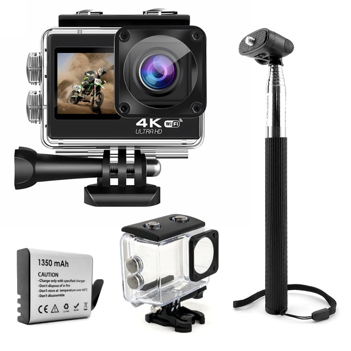 Спортна камера GOMEDIA V-35 4K UHD, 60 fps, 30 mpx, пълен комплект с монопод и аксесоари