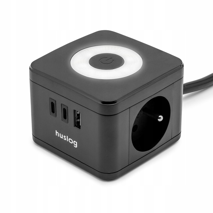 Удължител, Huslog, LED осветление, 1.4м, черен