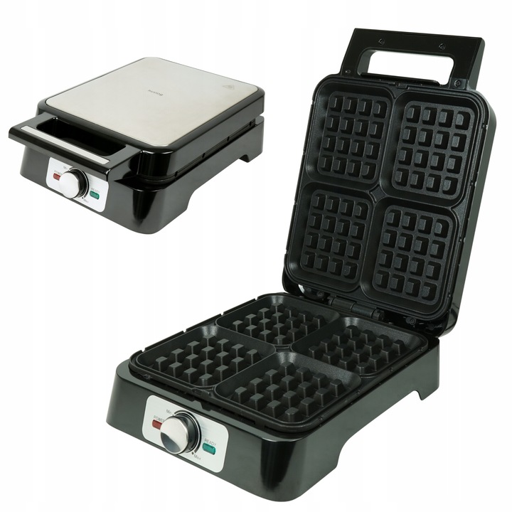 Aparat de vafe Huslog 1600W, 4 gofre, neagra si argintie, cu control al temperaturii