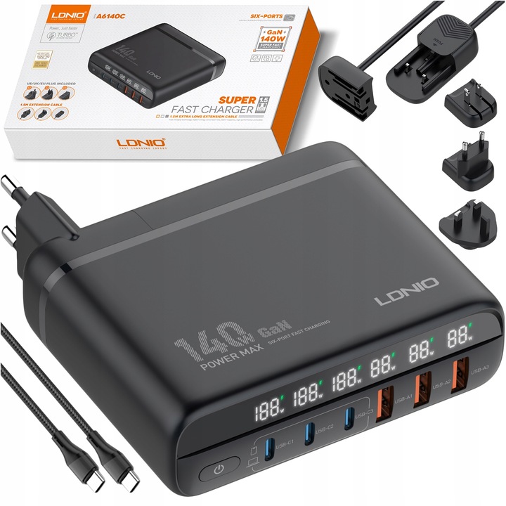 Incarcator rapid Ldnio 140W GaN USB, 6 porturi, QC3.0, PD100W, negru, set complet cu adaptoare EU/US/UK