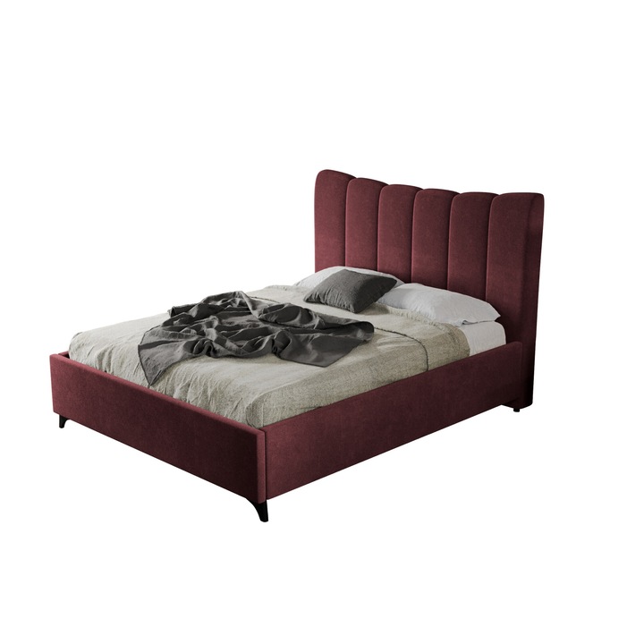 Pat dublu tapitat Milano, cadru lemn si pal, 140x200 cm, visiniu, cu somiera fixa