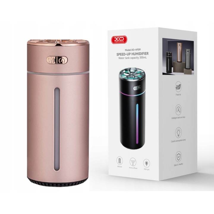 Umidificator portabil XO, 300ml, roz, iluminare RGB
