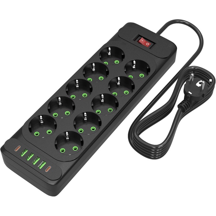 Prelungitor cu 10 prize, 4 USB-A, 2 USB-C, sktonefly®, protectie la supratensiune, 3 m, negru