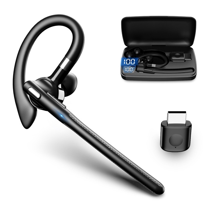 YYK-526 Bluetooth fülhallgató, fülkampós, zajszűrős, hosszú készenléti idővel, töltőtokkal, fekete, 1 szett